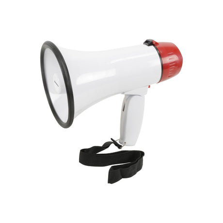 Adastra RM10 10W USB rechargeable megaphone in white with red rear housing, black-trimmed bell, folding handle and black wrist strap on a white background.