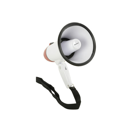 Adastra RM10 10W USB rechargeable megaphone in white with black trim, folding handle and black wrist strap, shown on a plain white background.