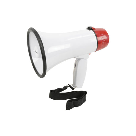 The Adastra RM10 10W Rechargeable USB Megaphone With Siren, boasting a compact design, features a red handle and black strap against a plain white background. This sleek megaphone includes a black rim around the mouthpiece and comes equipped with a rechargeable Li-ion battery for added convenience and ease of use.