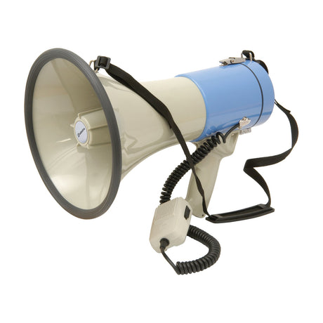 Adastra L25 25W megaphone with cream body, blue rear casing, grey rubber-edged horn, pistol grip, handheld microphone and black shoulder strap.