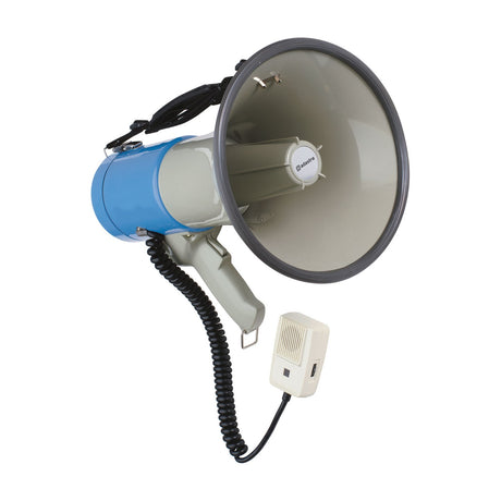 Adastra L25 25W megaphone with blue and grey body, ABS horn with rubber edge, pistol grip trigger, handheld microphone and shoulder strap.