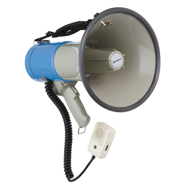 The Adastra 25W Megaphone With Siren is displayed in blue and gray, featuring a black handle and coiled cord. It includes an integrated amplifier and a detachable microphone connected by the cable, with the brand logo prominently visible on the side.