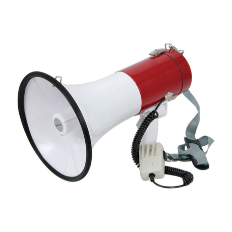 Adastra MG-220D 30W megaphone with pistol grip, white cone, red body, coiled corded microphone, and grey shoulder strap on a white background.