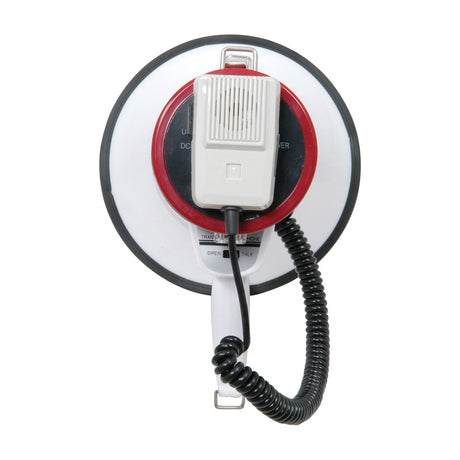 Rear view of the Adastra MG-220D 30W megaphone showing the pistol grip handset, coiled cable, siren/talk switch and red-trimmed horn.