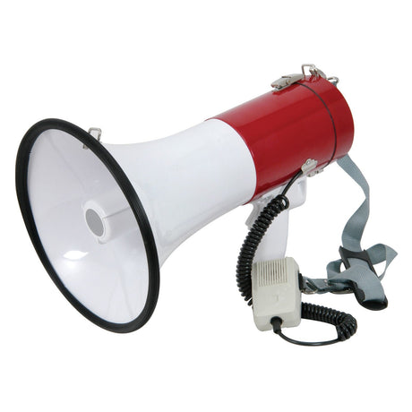 The Adastra 30W Megaphone With Siren, featuring a red and white pistol grip design with a black rim, includes a coiled black cord and an attached anti-feedback microphone. It also comes with a gray shoulder strap that is looped through metal clips on the body of this outdoor voice reinforcement tool.