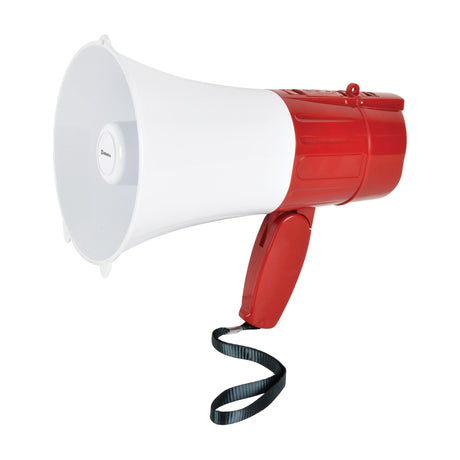 White and red Adastra L15RBT rechargeable Bluetooth megaphone with wide horn, pistol grip handle, control buttons, and wrist strap on white background.