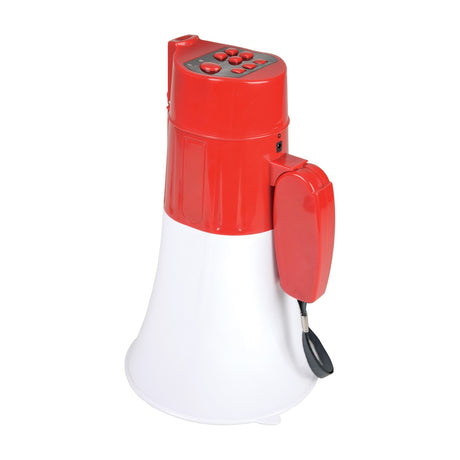 Adastra L15RBT rechargeable Bluetooth megaphone in red and white ABS with control buttons, folding handle and wrist strap, shown on a plain white background.