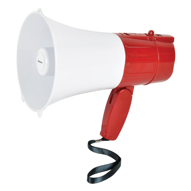 The Adastra 15W Rechargeable USB/SD Megaphone with Looper & Bluetooth, featuring a red and white design and a black wrist strap attached to the handle, is displayed against a plain white background.