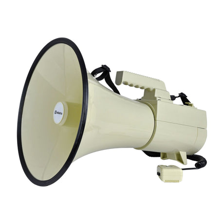Adastra L50U 50W megaphone in cream and black with flared horn, carry handle, shoulder strap, and corded microphone.