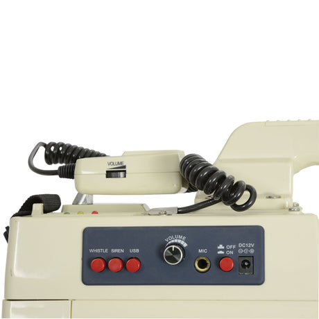 Adastra L50U 50W megaphone control panel with Whistle, Siren and USB buttons, volume dial, mic input, coiled handset cable and DC12V port on cream casing.