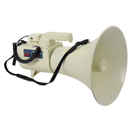 A white Adastra 50W Megaphone with a black strap, equipped with control buttons, an integrated USB/SD player, and a coiled microphone cord. The handle is positioned on top.