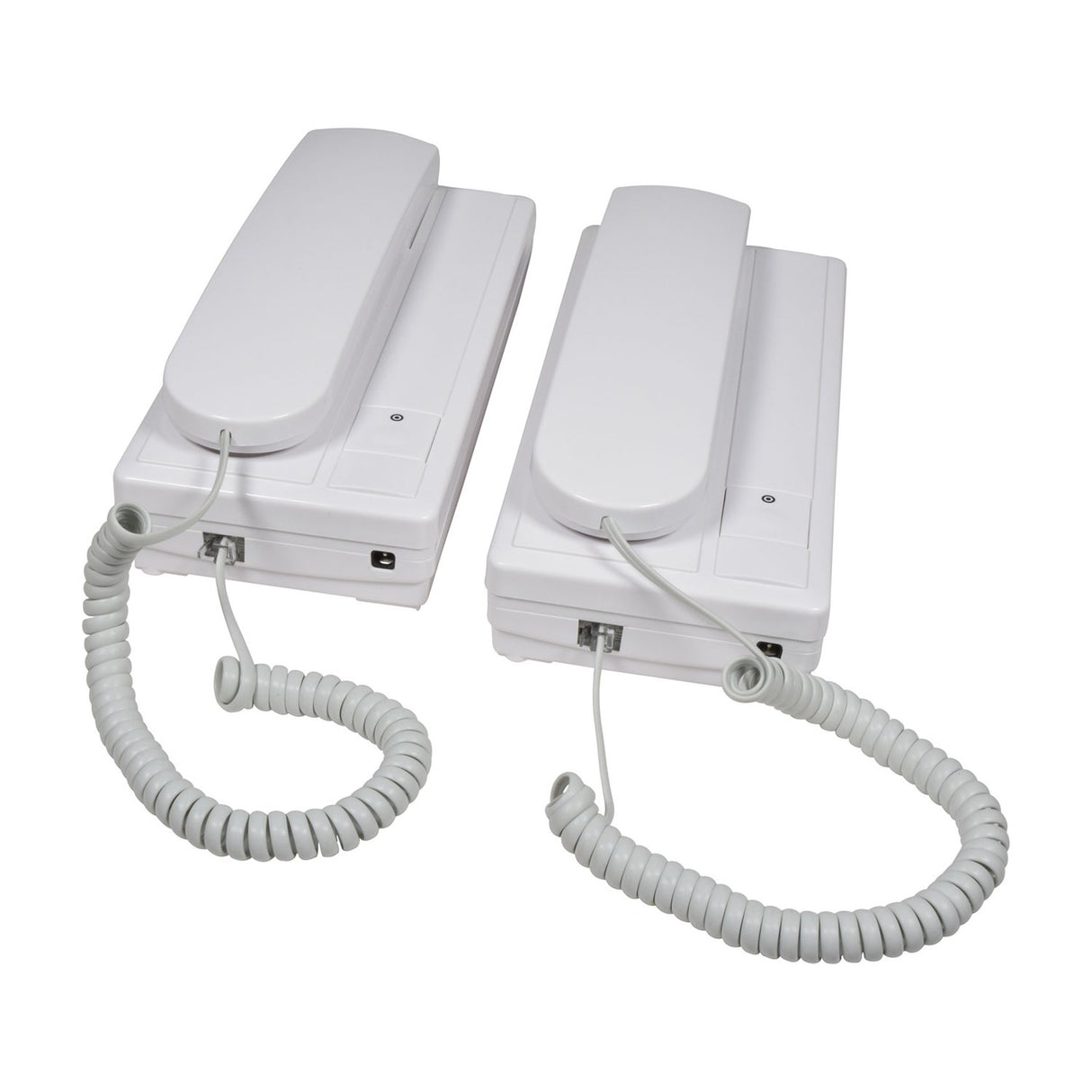 Mercury 2-Way Intercom by AVSL, pair of white wired handset units with coiled cables, shown on a plain white background.
