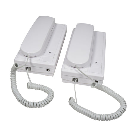 Mercury 2-Way Intercom by AVSL, pair of white wired handset units with coiled cables, shown on a plain white background.