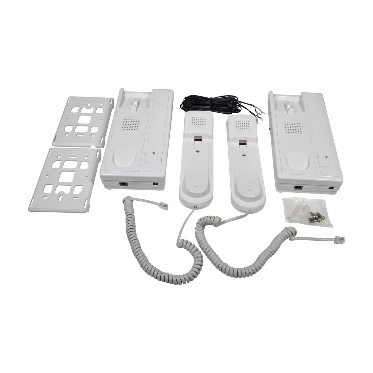 Mercury 2-way wired intercom set by AVSL with two white handset units, wall brackets, coiled cords, connection cable and fixings on a white background.