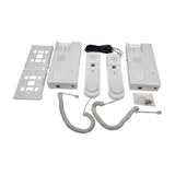 Mercury 2-way wired intercom set by AVSL with two white handset units, wall brackets, coiled cords, connection cable and fixings on a white background.