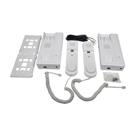 Mercury 2-way wired intercom set by AVSL with two white handset units, wall brackets, coiled cords, connection cable and fixings on a white background.