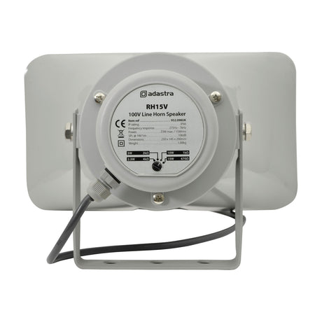 Rear view of the Adastra RH15V rectangular horn speaker showing the round label, rotary tapping switch, cable gland and mounting bracket on a white background.
