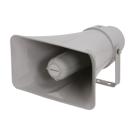 Adastra AH25 grey plastic horn speaker with rear-mounted driver and adjustable wall bracket, shown on a plain white background.