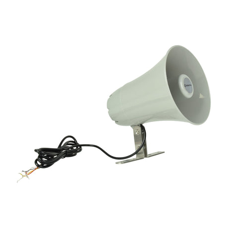 Adastra AH15 weatherproof horn speaker in light grey plastic, mounted on a steel bracket with attached cable and stripped wire ends, on a white background.