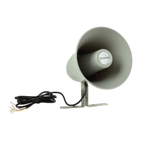 The Adastra AH15 15W Active Weatherproof Horn Speaker in gray features a built-in amplifier and comes with a mounting bracket. It is paired with a black cable that has exposed wires. The branding is displayed on the front of this horn speaker, which offers IP66 protection for durability in all weather conditions.