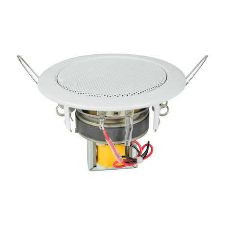 Adastra EC36V 3" ceiling speaker rear view showing white perforated grille, metal frame, spring clips, transformer and wiring, on a plain white background.