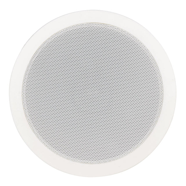 The ABS AC6V 6.5” 6W Ceiling Speaker is a round, white speaker with a perforated metal grille and a dual cone driver. It delivers full-range sound and features a simple, circular design, seamlessly blending into the ceiling for an unobtrusive audio setup.