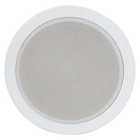 The Adastra Metal Quick Fit 5.25" 6W Ceiling Speaker - White features a circular design with a flush fit grille and perforated pattern, seamlessly integrating into a plain white background for optimal audio output.