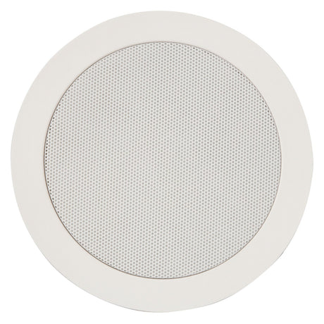 The Adastra CC5V 5.25" 20W Ceiling Speaker with Control features a round design with a perforated metal grille cover and a white polymer frame, perfect for discreet audio installation in ceilings. Its minimalist style and smooth outer rim offer a sleek appearance, while the directional dome tweeter improves sound precision.