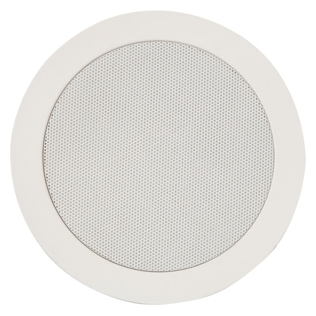The Adastra CC5V 5.25" 20W Ceiling Speaker with Control features a round design with a perforated metal grille cover and a white polymer frame, perfect for discreet audio installation in ceilings. Its minimalist style and smooth outer rim offer a sleek appearance, while the directional dome tweeter improves sound precision.
