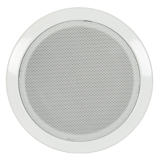 The Adastra Fire Dome EN54 5.25" 6W Ceiling Speaker, featuring a white frame and perforated metal grill, seamlessly integrates into any decor while delivering powerful audio as a circular ceiling-mounted unit.