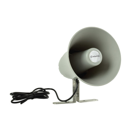 Adastra PH15 waterproof horn speaker in grey ABS plastic with steel mounting bracket and attached cable, shown on a plain white background.