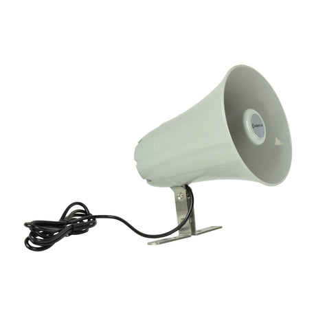 Adastra PH15 waterproof horn speaker in light grey ABS plastic with steel mounting bracket and attached cable, shown on a plain white background.