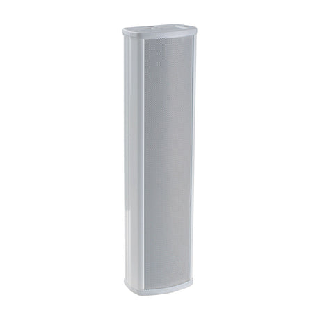 Adastra SC12V slimline column speaker in white, extruded aluminium body with perforated metal grille and plastic end caps, shown on a plain white background.