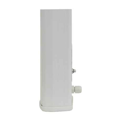 Side view of the Adastra SC20V slimline 100V line column speaker by AVSL in white aluminium, showing mounting bracket and cable gland, on a white background.