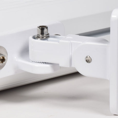 Close-up of the white powder-coated aluminium rotatable rear wall bracket on the Adastra F40V column speaker by AVSL, showing hinge pivot and fixing bolts.