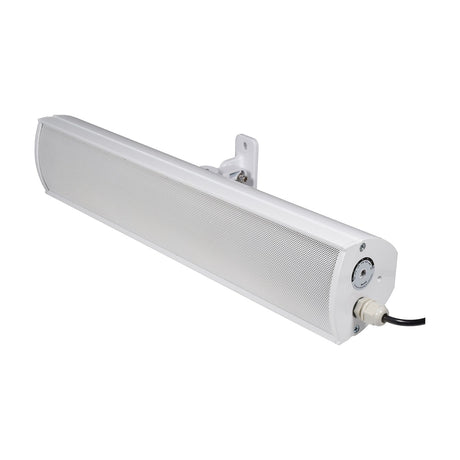 Adastra F40V white powder-coated aluminium IP66 column speaker with mesh grille, rotatable rear bracket and hard-wired cable gland on plain background.