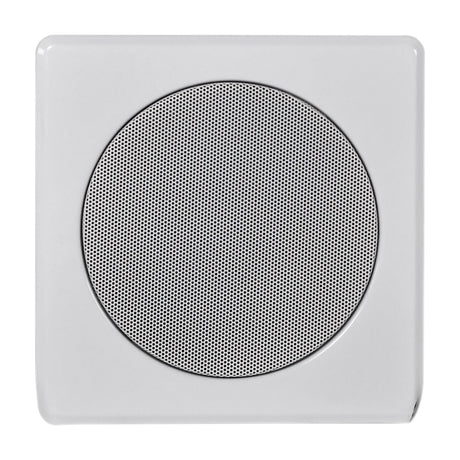 Adastra FW-5V EN54 100V wall speaker, square white steel cabinet with round perforated grille, shown on a plain white background.