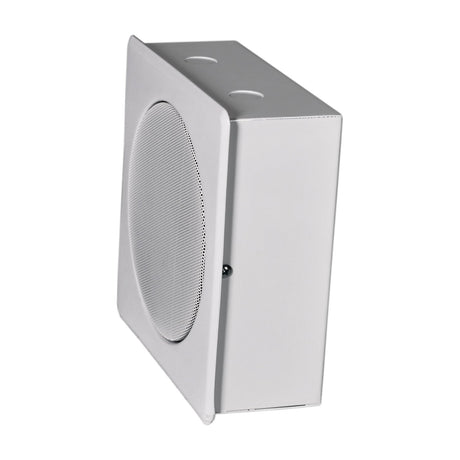 Adastra FW-5V wall speaker in white, side view showing round perforated grille, steel cabinet, and rear panel with mounting screw, on a plain background.