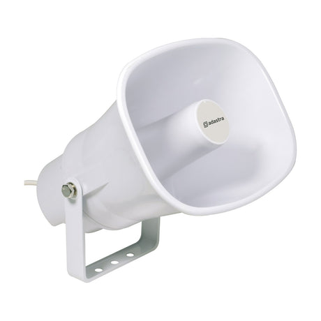 Adastra FH15V white ABS horn speaker with rectangular flared mouth and adjustable powder-coated steel U-bracket, shown on a plain white background.