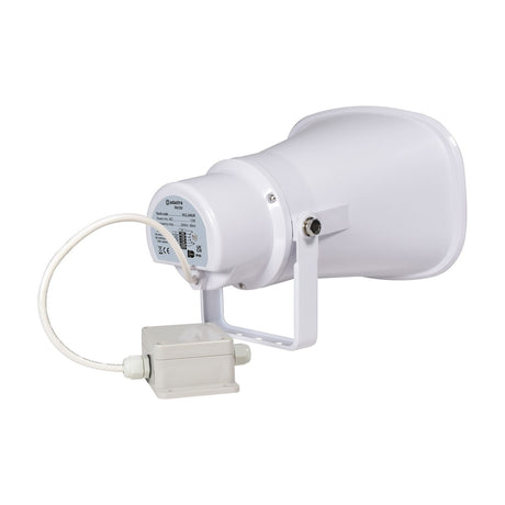 Adastra FH15V white ABS horn speaker with powder-coated steel U-bracket, junction box and fire-resistant cable, shown on a plain white background.