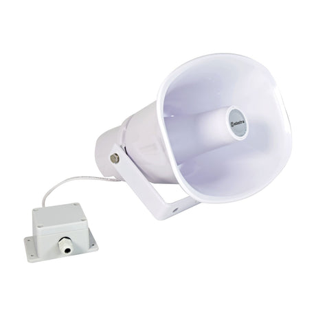 Adastra FH30V white horn speaker with wide flared bell, mounting bracket, and separate connection junction box, shown on a plain background.