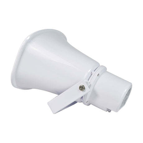 Adastra FH30V EN54-24 100V 30W IP66 horn speaker in white, with mounting bracket and rear terminal housing, shown on a plain white background.