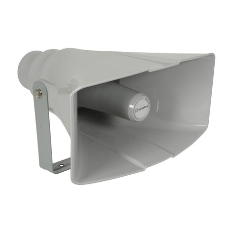 Adastra RH40V rectangular 100V horn speaker in light grey plastic with mounting bracket and rotary tapping switch, shown on a plain white background.