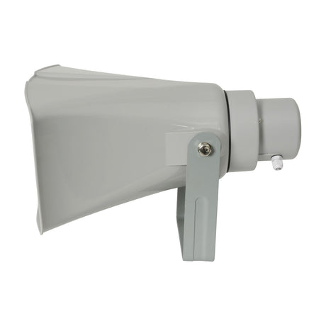 Adastra RH40V rectangular 100V horn speaker in grey plastic with mounting bracket and rear connection point, shown on a white background.