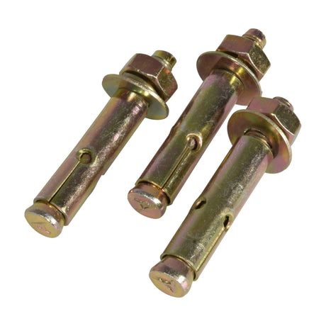 Three brass-toned metal expansion anchor bolts with hex nuts and washers arranged on a plain white background, shown as fixings accessories.