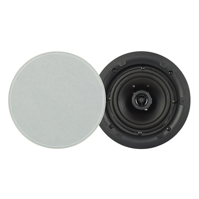 The Adastra 5.25" 20W Low Profile Ceiling Speaker (Each) is presented as a round speaker with a black finish, alongside its magnetic grille cover. It features a central cone and multiple smaller components, optimized for seamless integration into ceilings.