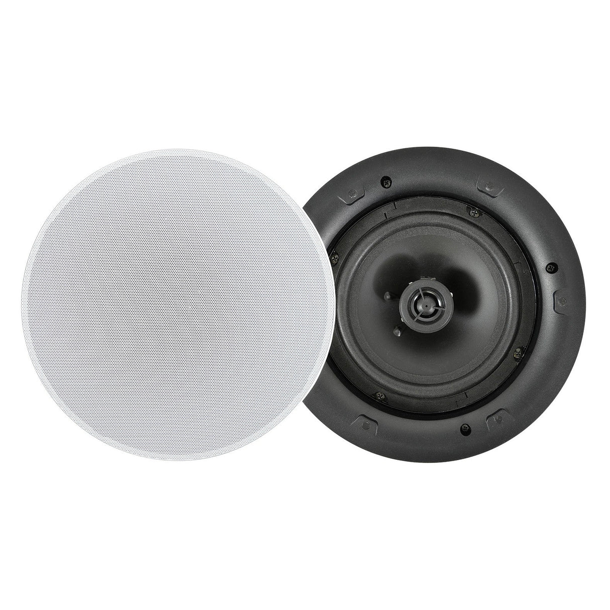 Two Adastra 6.5" 20W Low Profile Ceiling Speakers are displayed. One speaker highlights its elegant white magnetic grille, while the other exposes its black internal components, featuring a central tweeter encircled by a woofer. A discreet rotary selector switch allows for precise audio adjustments to cater to every listener's preference.
