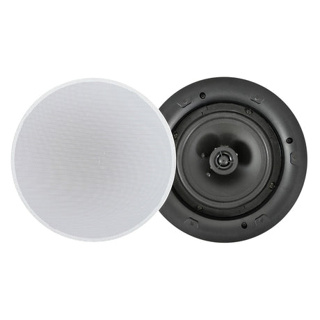 Two Adastra 6.5" 20W Low Profile Ceiling Speakers are displayed. One speaker highlights its elegant white magnetic grille, while the other exposes its black internal components, featuring a central tweeter encircled by a woofer. A discreet rotary selector switch allows for precise audio adjustments to cater to every listener's preference.