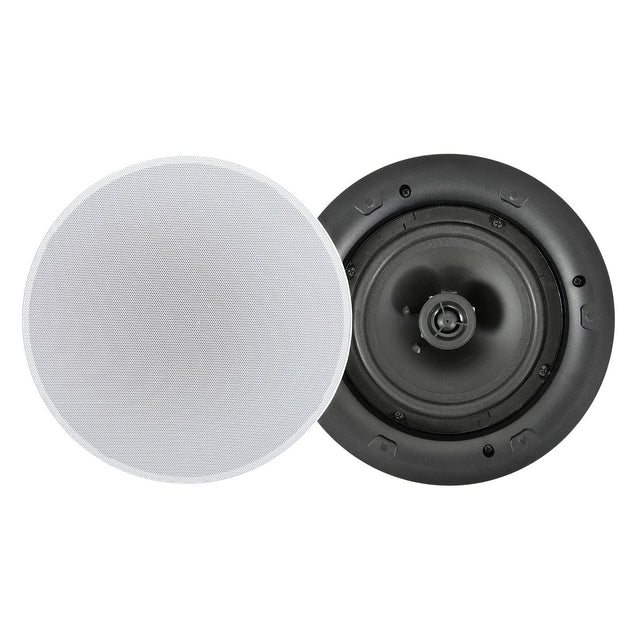 Two Adastra 6.5" 20W Low Profile Ceiling Speakers are displayed. One speaker highlights its elegant white magnetic grille, while the other exposes its black internal components, featuring a central tweeter encircled by a woofer. A discreet rotary selector switch allows for precise audio adjustments to cater to every listener's preference.