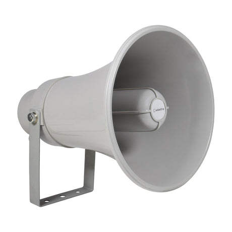Adastra MH15V weatherproof horn speaker in light grey plastic with wide bell shape and mounting bracket, shown on a plain white background.